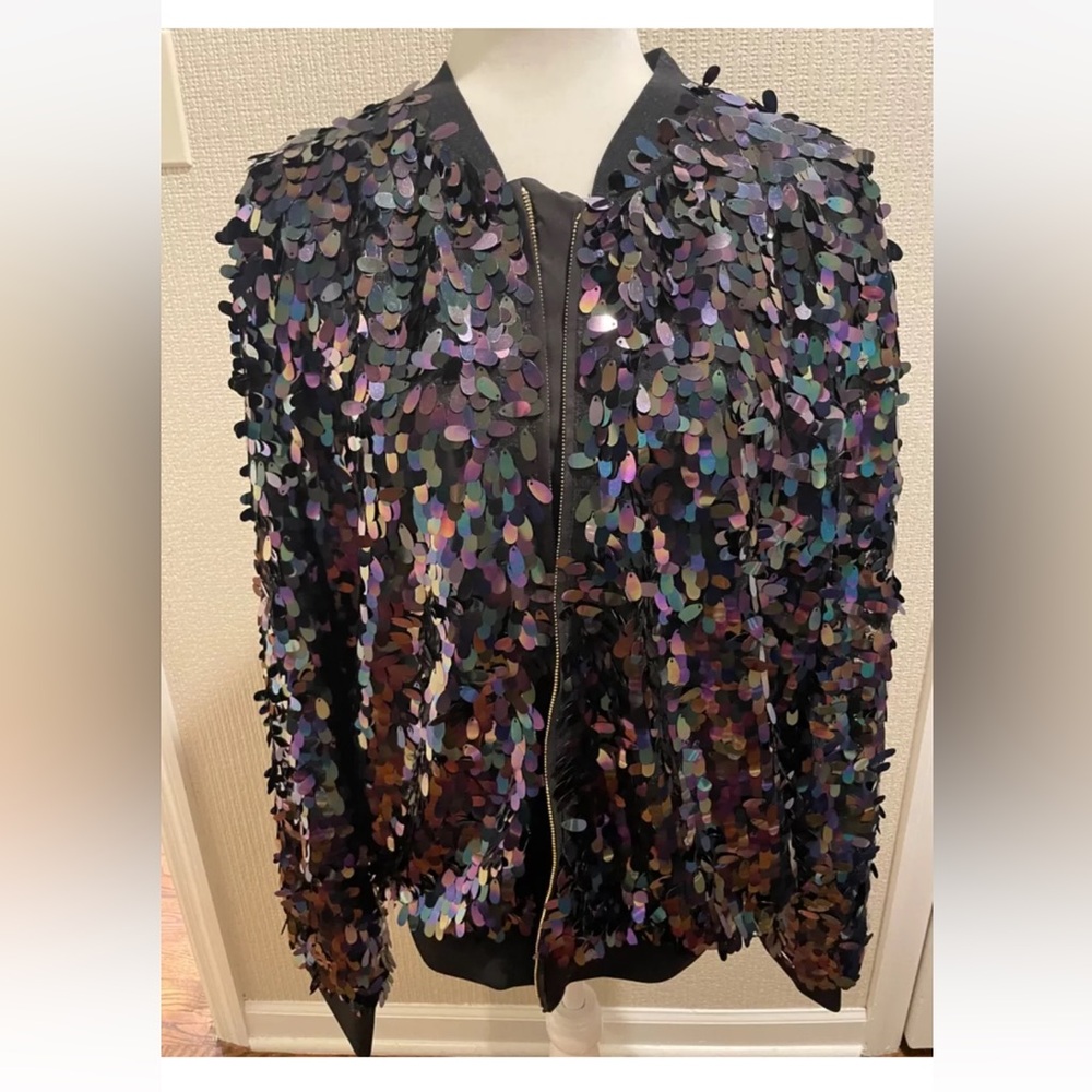 Juicy Couture Black Label Womens Jacket Pitch Black Iridescent Pailettes Bomer